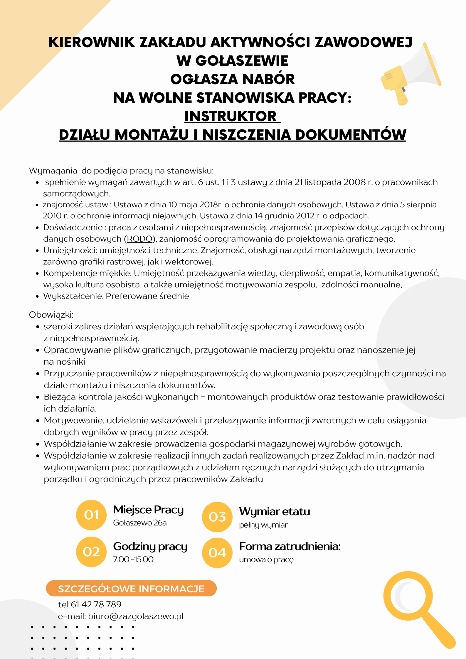 NABÓR NA WOLNE STANOWISKA PRACY instruktor działu montażu i niszczenia dokumentów